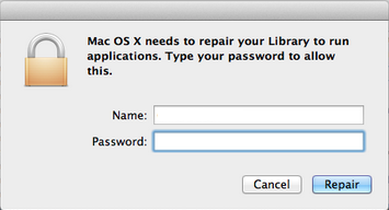 Mac OS X needs to repair your Library to run applications. Type your password to allow this.